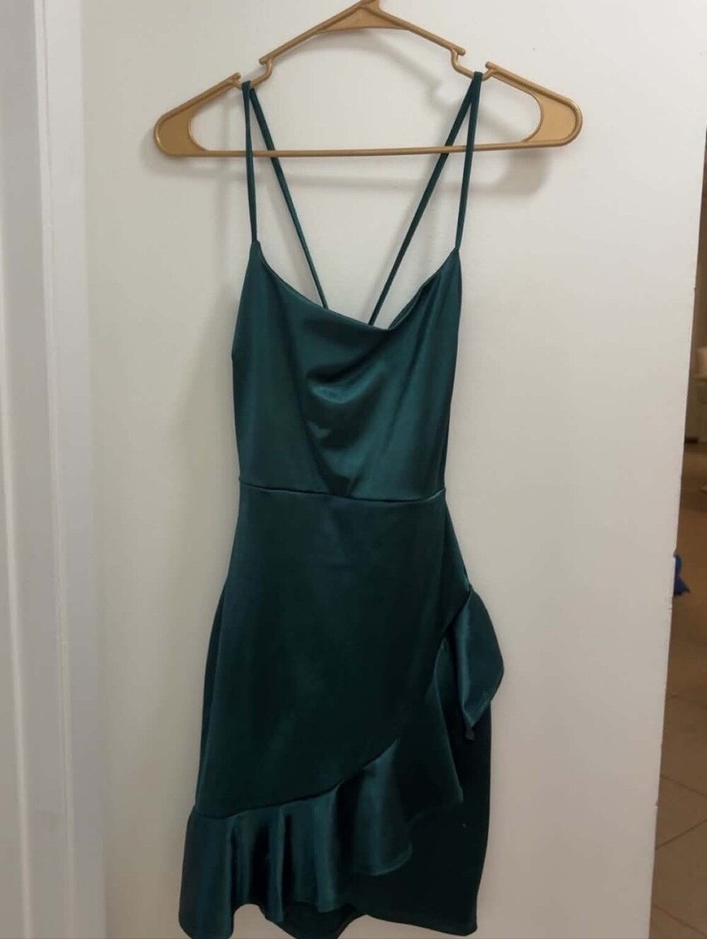 Emerald Green Ruffled Satin Mini Dress, S